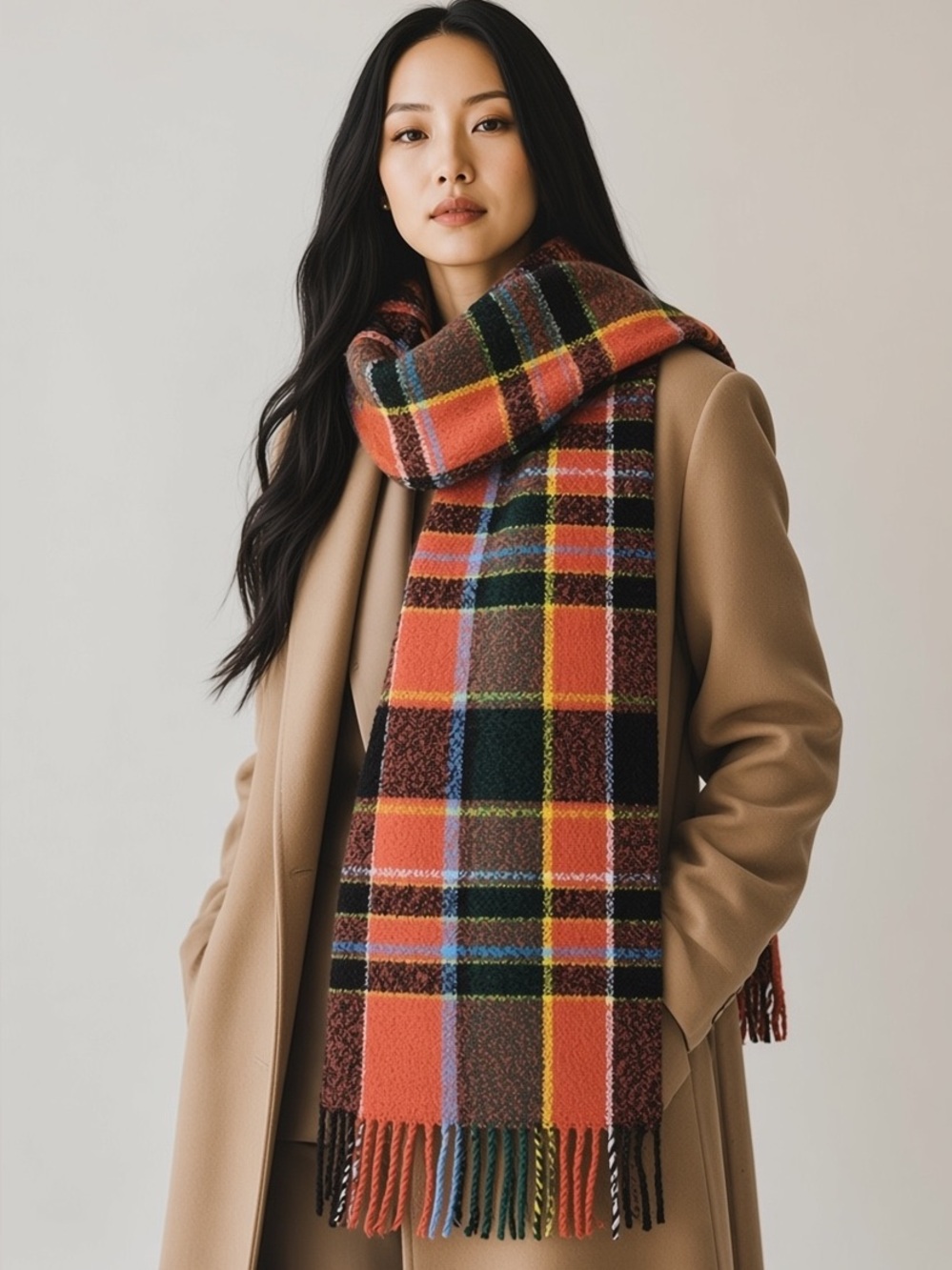 Echo Lofty Plaid Fringe Scarf Autumn/Earthy Chunky Soft Cozy Multi-Tonal